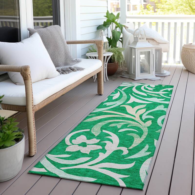 Machine Washable Indoor/ Outdoor Chantille Floral Scroll Rug - Green - 2'3" x 7'6"