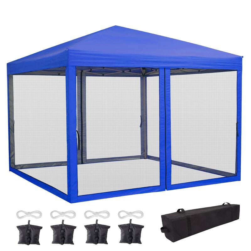 10x10 FT Pop Up Canopy Tent with Mosquito Netting, Adjustable Height, Portable Sun Shelter with Wheeled Bag - Royal Blue