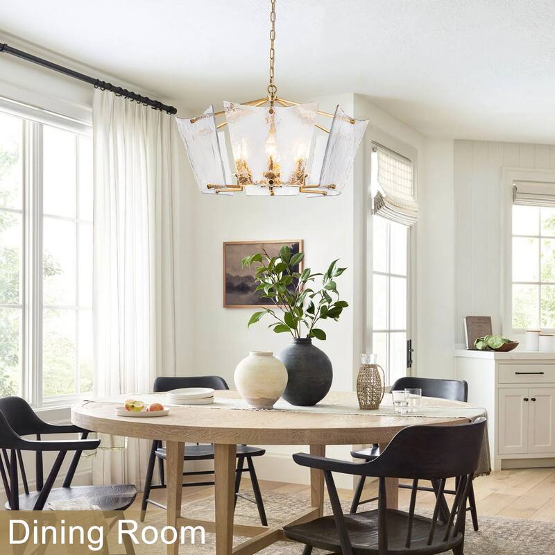 6-Light Gold Geometric Chandelier with Textured Clear Glass Panels - Dia.26.77-in