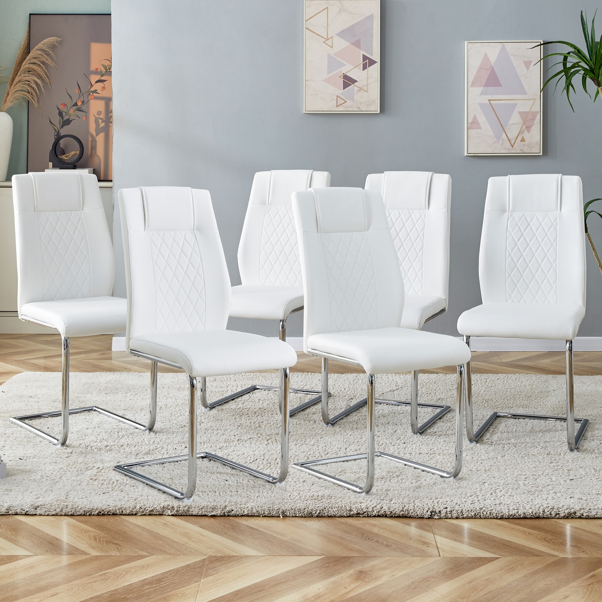 Upholstered Faux Leather Dining Chairs Set of 6, Modern Armless Kitchen Chairs Home Office Side Chair with Metal Legs
