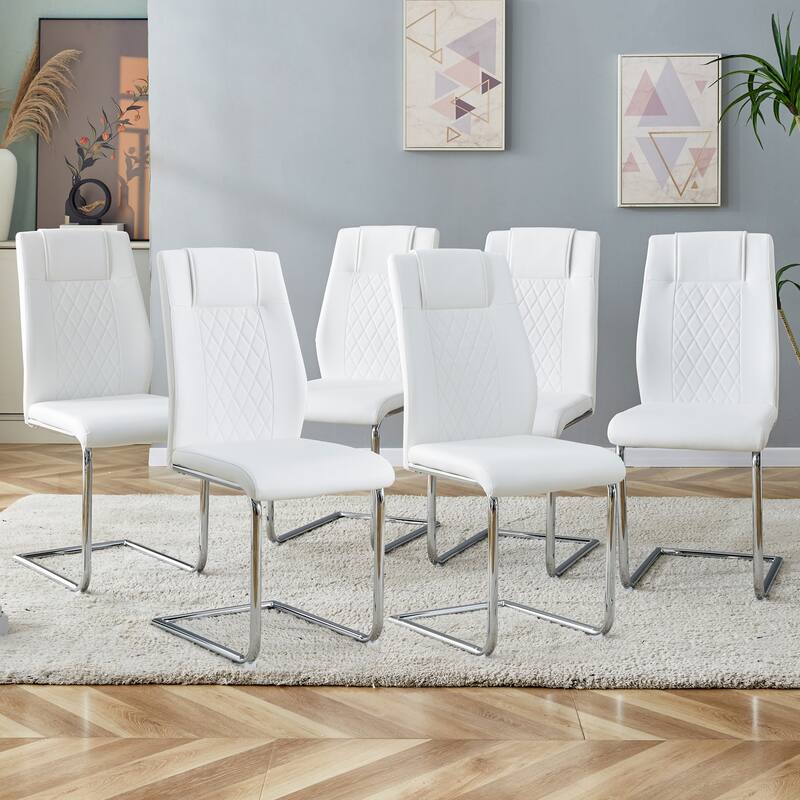 White Leather Dining Chair Set of 6 Office Chair w/C-Shaped Metal Legs