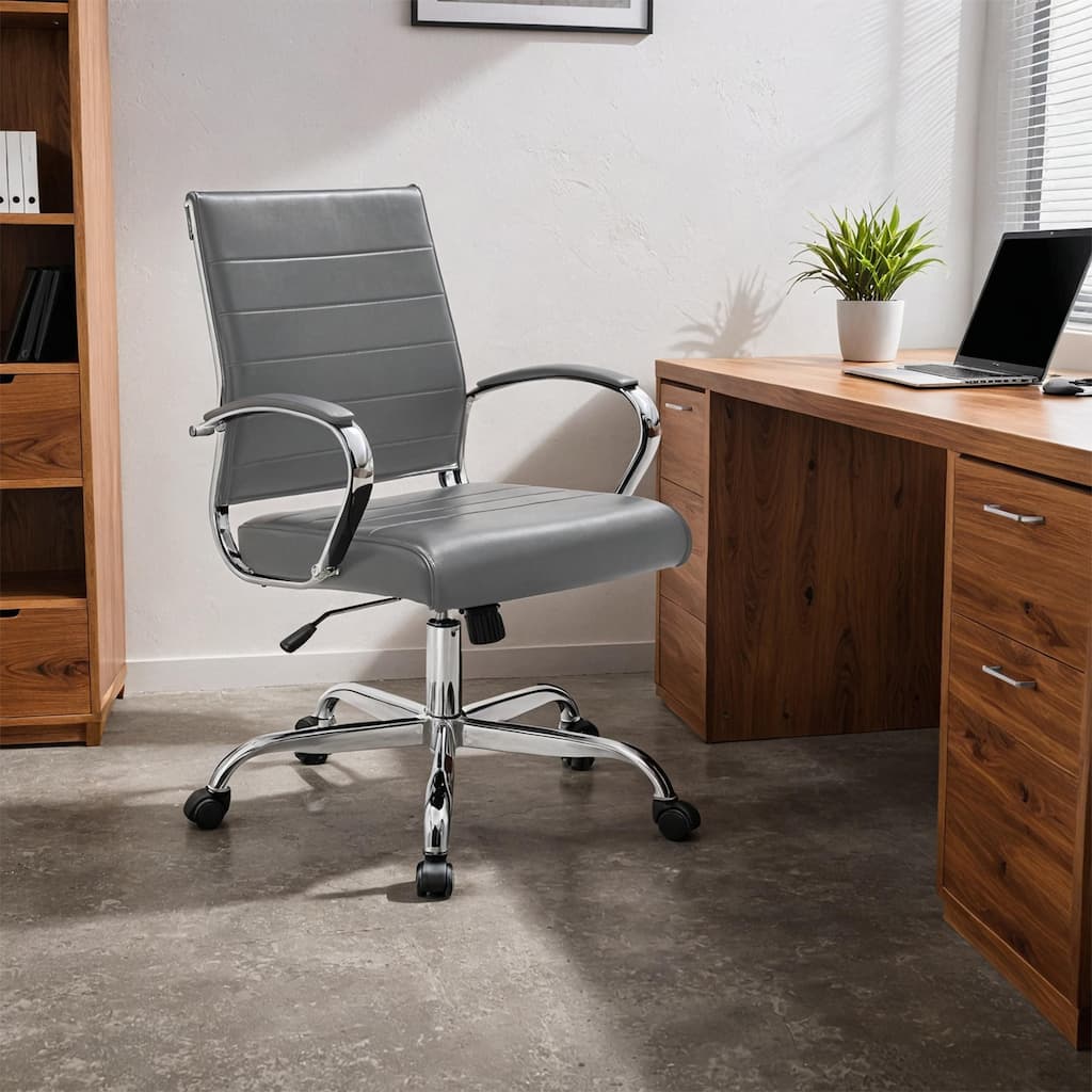 Benmar Ribbed Executive Office Chair, Ergonomic Swivel Desk Chair, Padded Chrome Arms, Black PU Leather