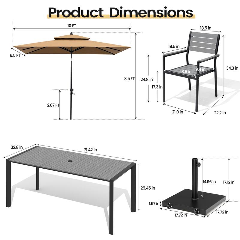 9-PCOutdoor Patio Dining Set Wood Like Aluminum Umbrella Hole Table with Stackable Armchairs, Market Umbrella and Wheel Base