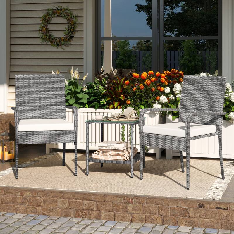 3-Piece Mix Grey Rattan Patio Furniture Set with Cushioned Chairs and Tempered Glass Table for Backyard or Balcony