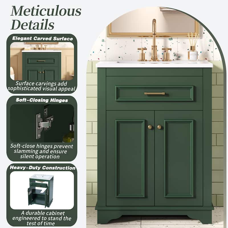 24" Bathroom Vanity with Integrated Ceramic Sink, Bathroom Cabinet with 2 Doors, 1 Tip-Out Drawer