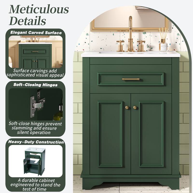 Roomfitters 24 Inch Bathroom Vanity with Integrated Ceramic Sink, Storage Cabinet & Tilt-Down Compartment