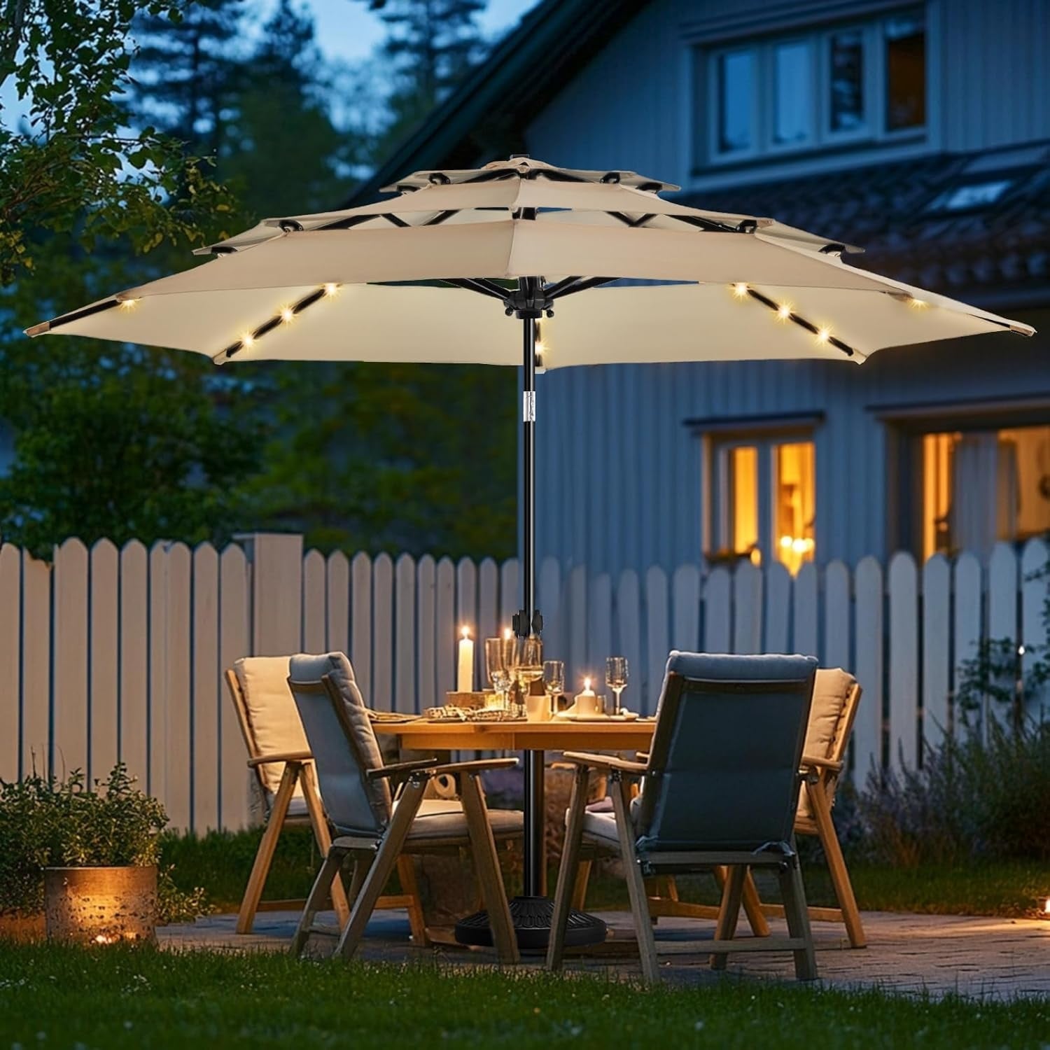 3-Tier Solar LED Patio Umbrella with Tilt, Crank, 32 LED Lights, Beige