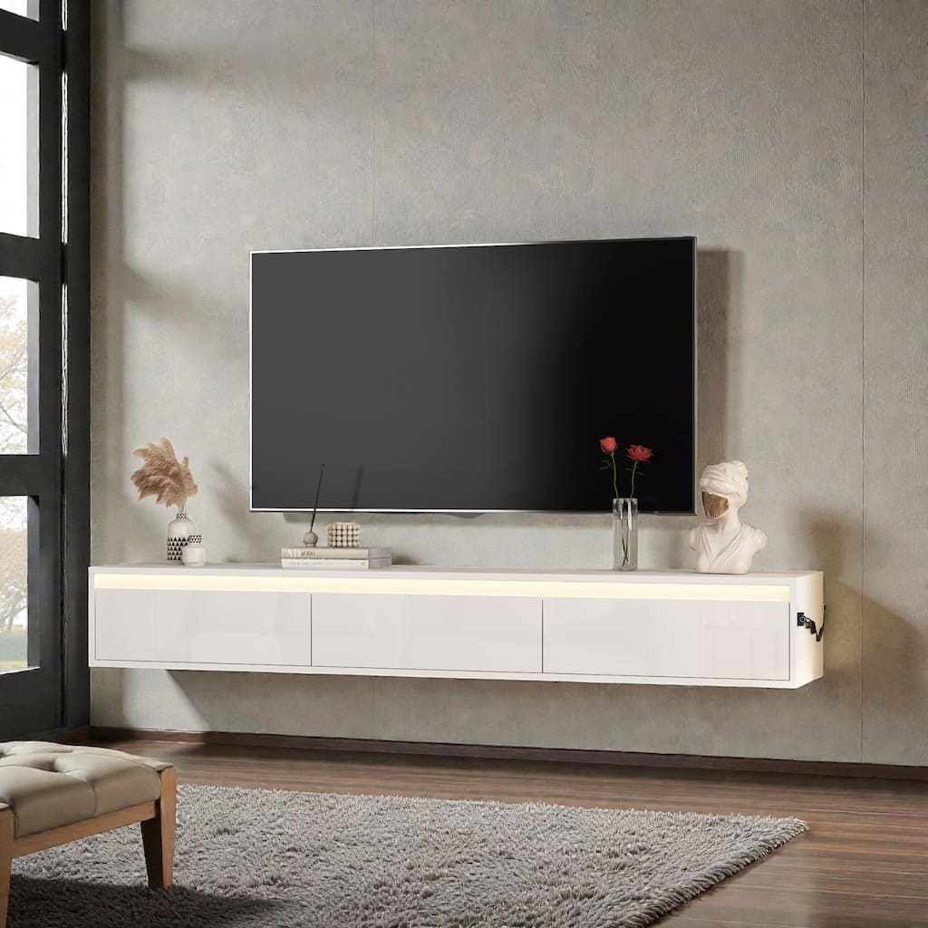 Floating TV Stand with LED Lights and Power Outlet, Wall Mounted High Gloss TV Cabinet for 60-69 Inch TVs
