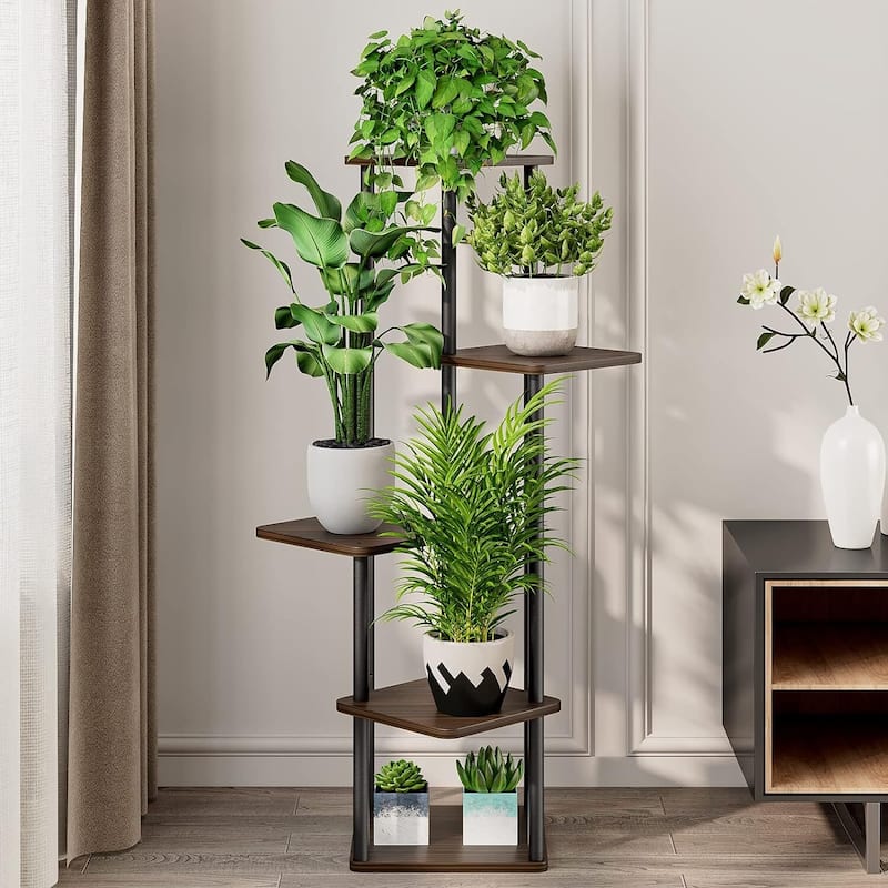 Plant Stand 5 Tier Indoor Metal Flower Shelf,5 Tier - 5 Tier-Black+Black Oak