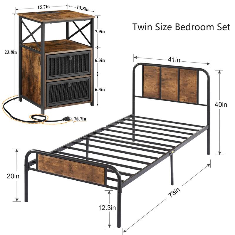 Javlergo 3-Piece Bedroom Set with Platform Bed Frame and Charging Station USB Port Nightstands Set of 2