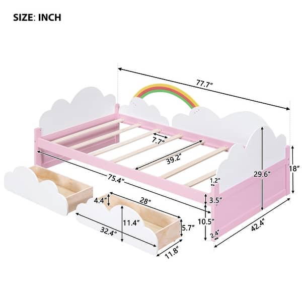 Twin Size Rainbow Storage Bed Children's Wood Platform Bed Frame with 2 Clouds Shaped Drawers & Headboard, Pink+White