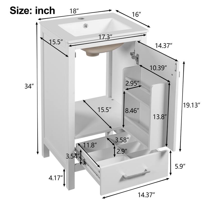18" Small Bathroom Vanity with Ceramic Sink, Freestanding Storage Cabinet with Soft Close Drawer and Door, Adjustable Shelf