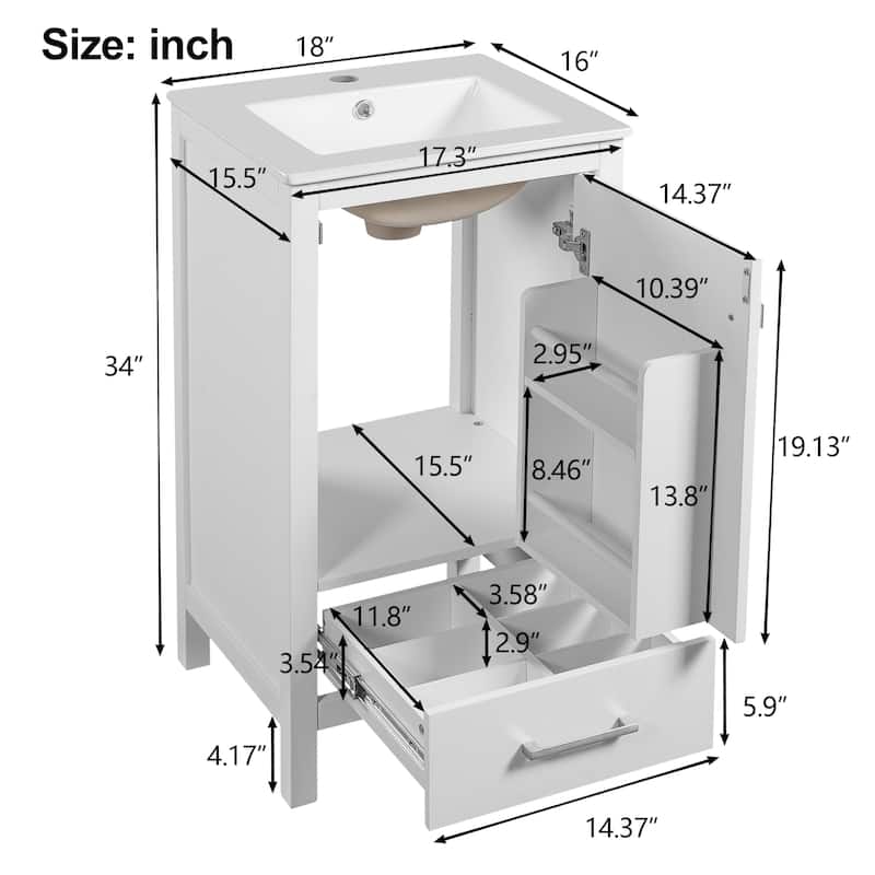18-Inch Modern Bathroom Vanity with Ceramic Sink, Soft-Close Drawers and Door Organizer, Divider Drawer