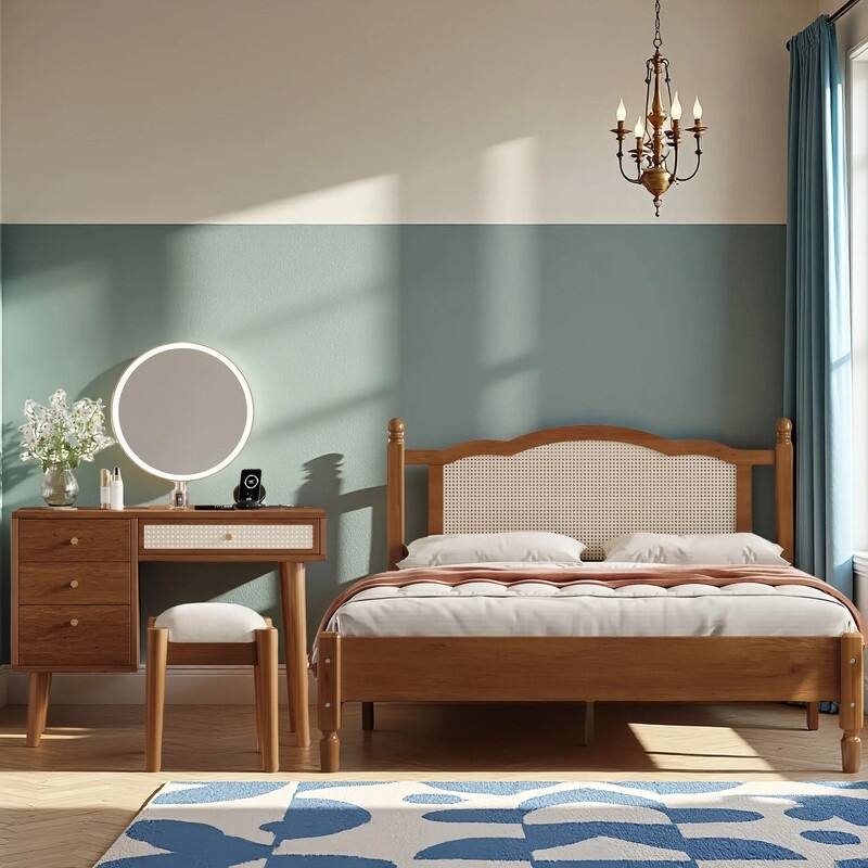 2-Pieces Bedroom Sets,Queen Size Wooden Platform Bed with Natural Rattan Headboard,and Wooden Makeup Vanity Set