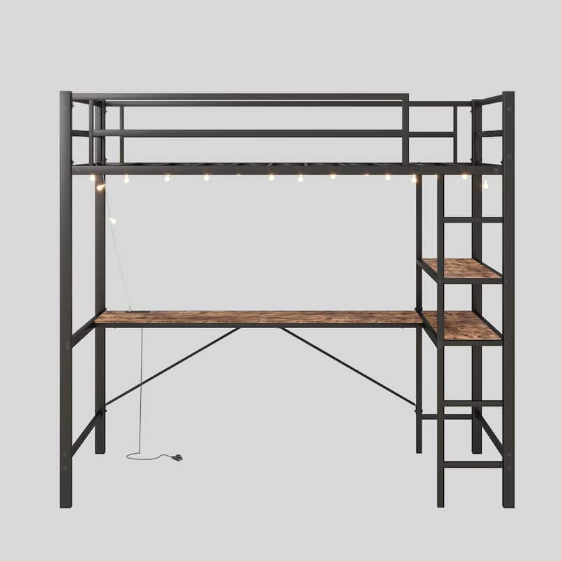 Twin Size Loft Bed for Teens Bedroom with L Shaped Desk and Shelves, Heavy Duty LED Metal Loft Bed Frame with Power Outlet