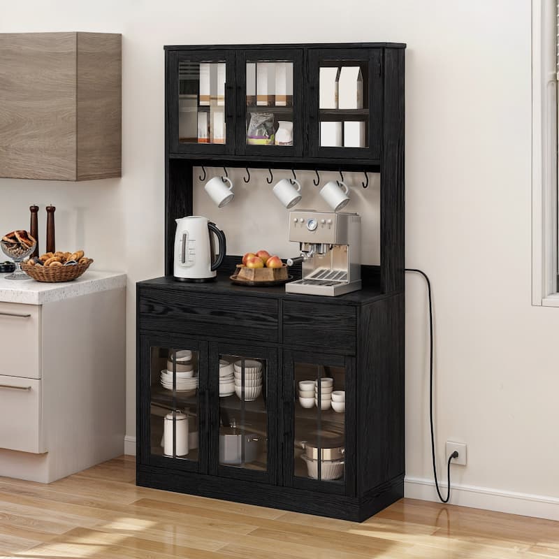 71" Tall Kitchen Pantry Hutch Storage Cabinet with Power Outlet,Freestanding Cupboard Storage Buffet with Drawers & Glass Doors