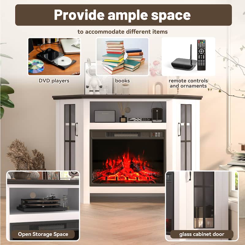 Walnut Corner Fireplace TV Stand Cabinet with 23" Electric Fireplace, Accommodates TVs up to 55", Remote Control Included