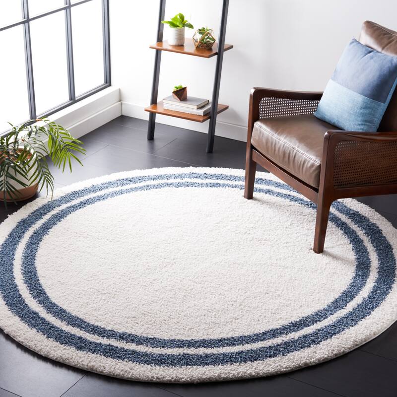 SAFAVIEH Calico Shag Zubeyde Border 1.6-inch Thick Rug - 6'7" Round - Ivory/Blue