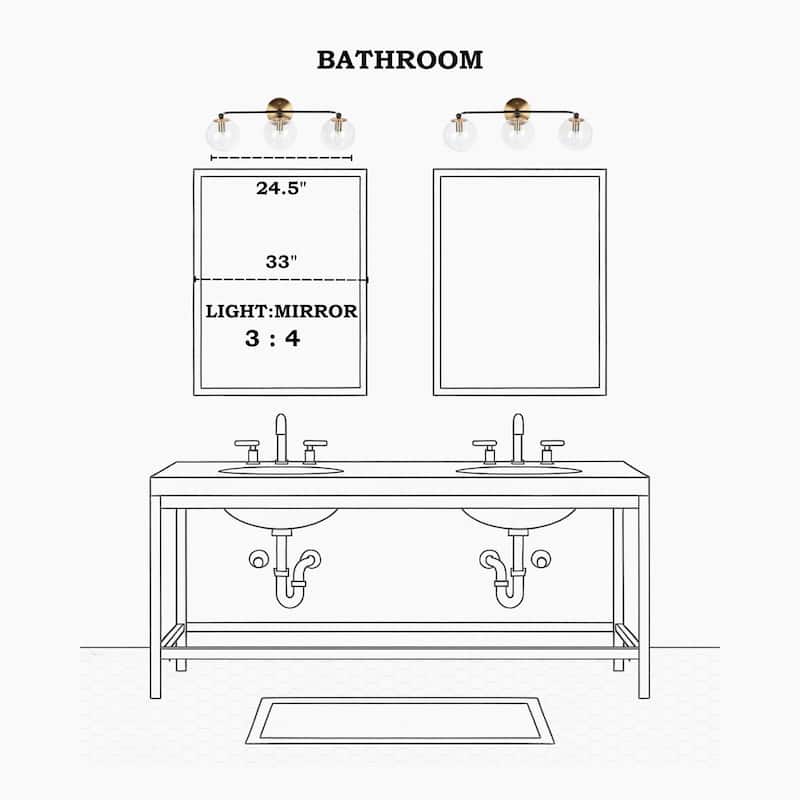 Mid-Century Modern 3-Light Black Gold Bathroom Vanity Light Globe Glass Wall Sconces - 24.5" L x 7.5" W x 8" H