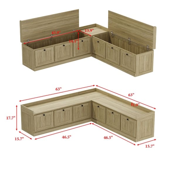Corner Storage Bench with Lift-Top Seats, Faux Drawer Fronts, Oak Finish, Entryway & Living Room Organizer