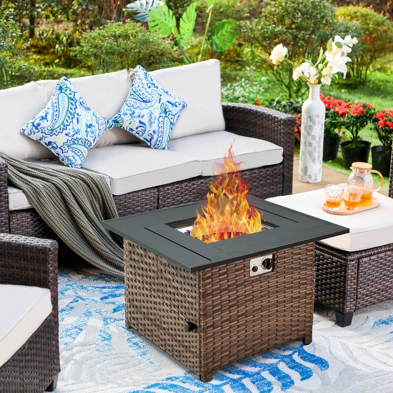9-Seat Patio Furniture Wicker Rattan Outdoor High-back Sectional Sofa Conversation Set with Firepit Table