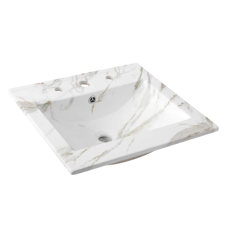 Aubert 3-Hole Classic Contemporary Rectangular Ceramic Single Sink Basin Vanity Top, by JONATHAN Y - 20 in. - White Marble Effect