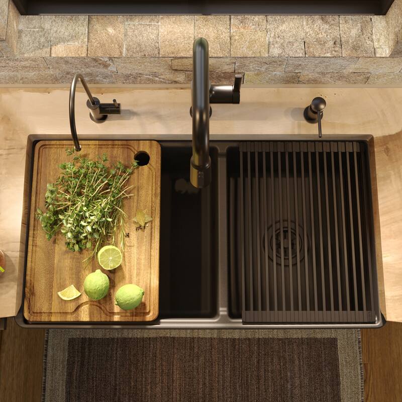 Karran 33" Double Bowl Workstation Fireclay Kitchen Sink with Reversible Fluted Apron Front