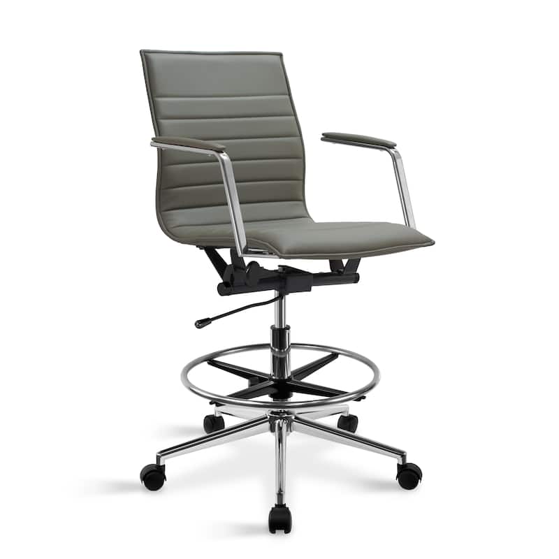 Modern Drafting Chair | Upholstered PU Leather Ribbed Mid Back with Tall Adjustable Base & Leg Rest | Tilt Lock, Swivel |