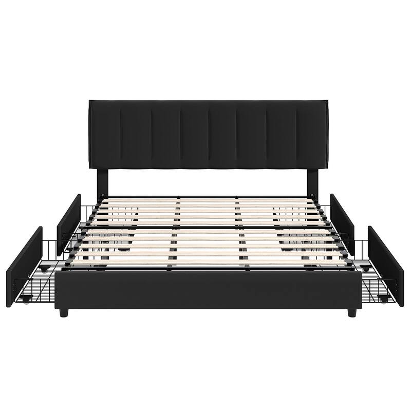 Black Bed Frame with 4 Storage Drawers, Upholstered Platform Bed Frame with Adjustable Headboard
