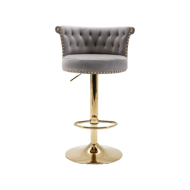 Velvet Upholstered Tufted Nailheads Swivel Adjustable Height Bar Stools With Golden Footrest(set of 2)