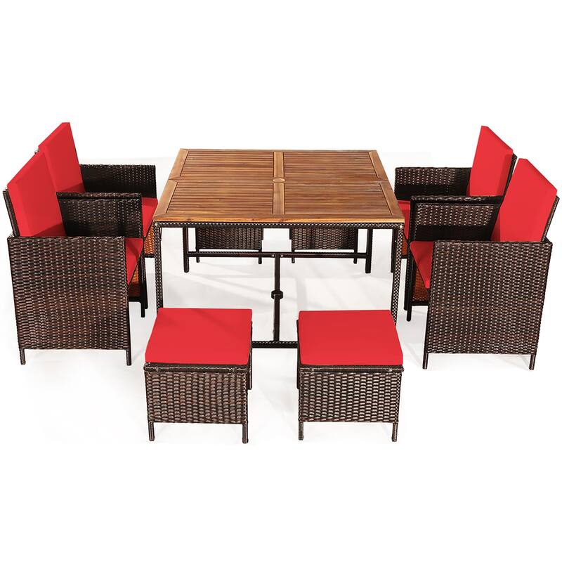 9 PCS Patio Dining Set with Removable Cushions and Wicker Armchair - Brown+Red
