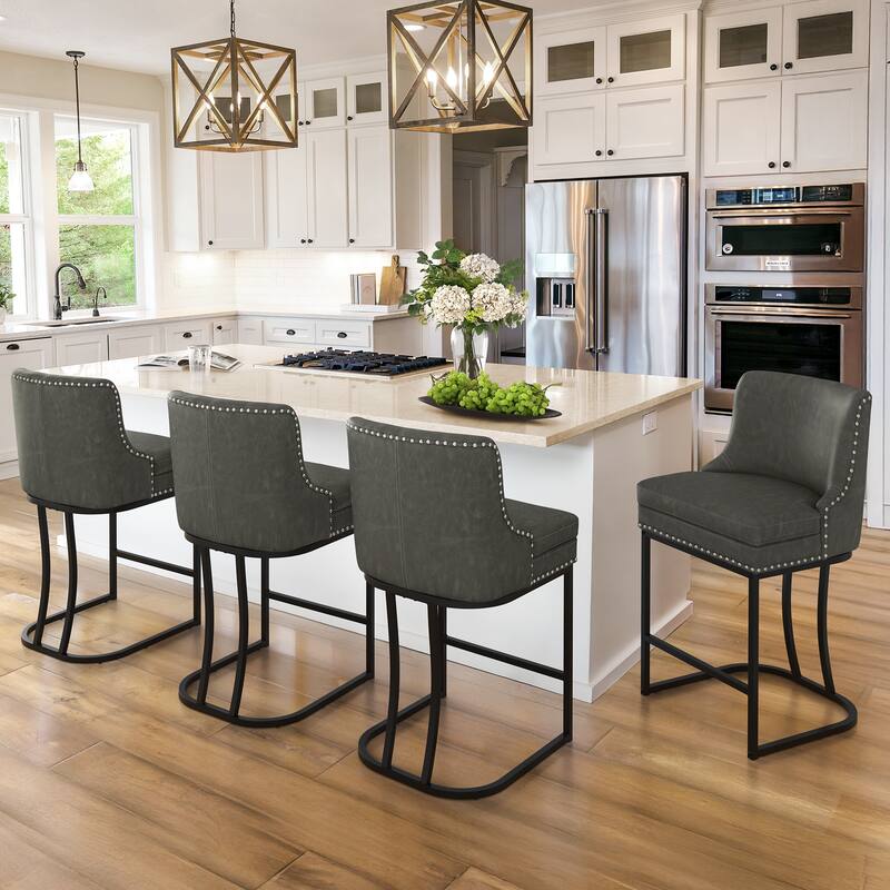 26" Modern Metal Barstools Set of 4 Upholstered Counter Height Bar stools with Back and 6" Thick Cushion for Kitchen Island - Dark Grey/Faux Leather