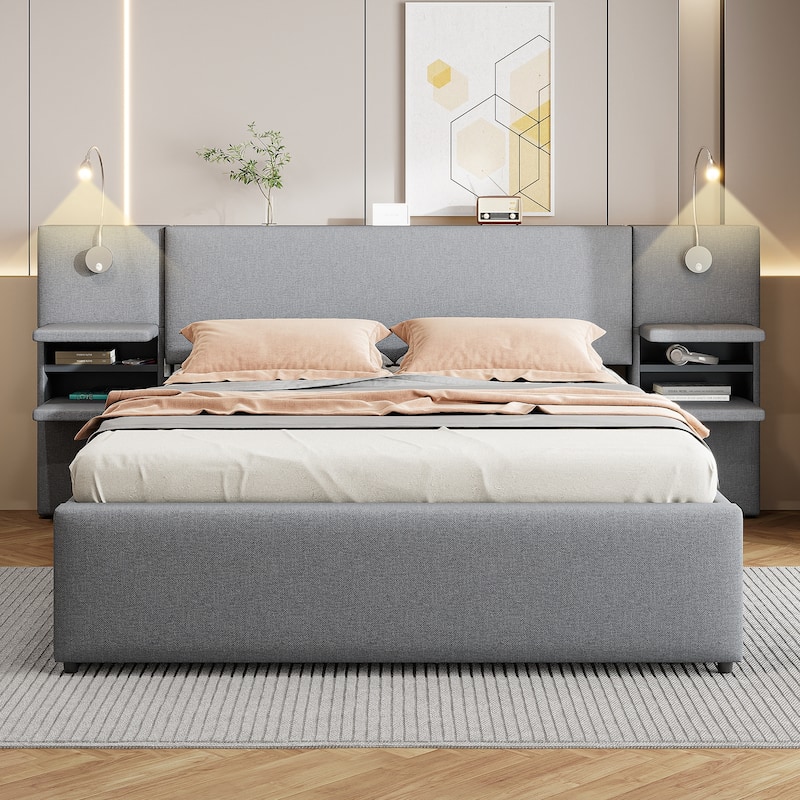 Queen Size Upholstered Platform Bed with Reading Lights, Drawers, Trundle and Shelves - Grey
