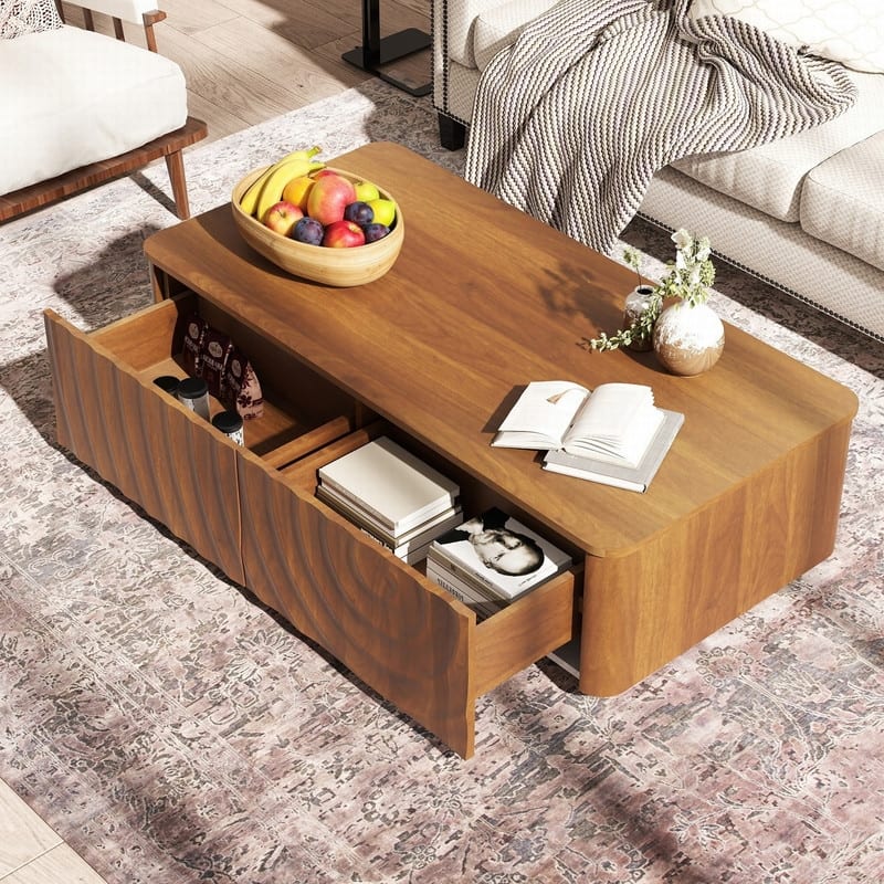 Mid Century 47" Rectangle Coffee Table with Unique Wave Texture and Safe Rounded Corner Design for Living Room