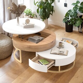 Multi-Functional Round Lift-Top Coffee Table with Nesting Stools - Bed ...
