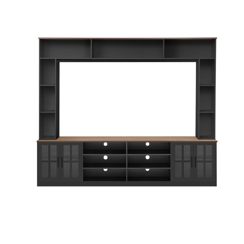 95.5" Entertainment Center for TVs up to 80", Media Console with Tempered Glass Doors & Bookshelves