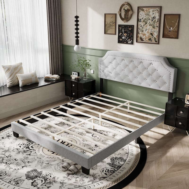Queen Size Bed Frame with Upholstered Headboard Mattress Foundation