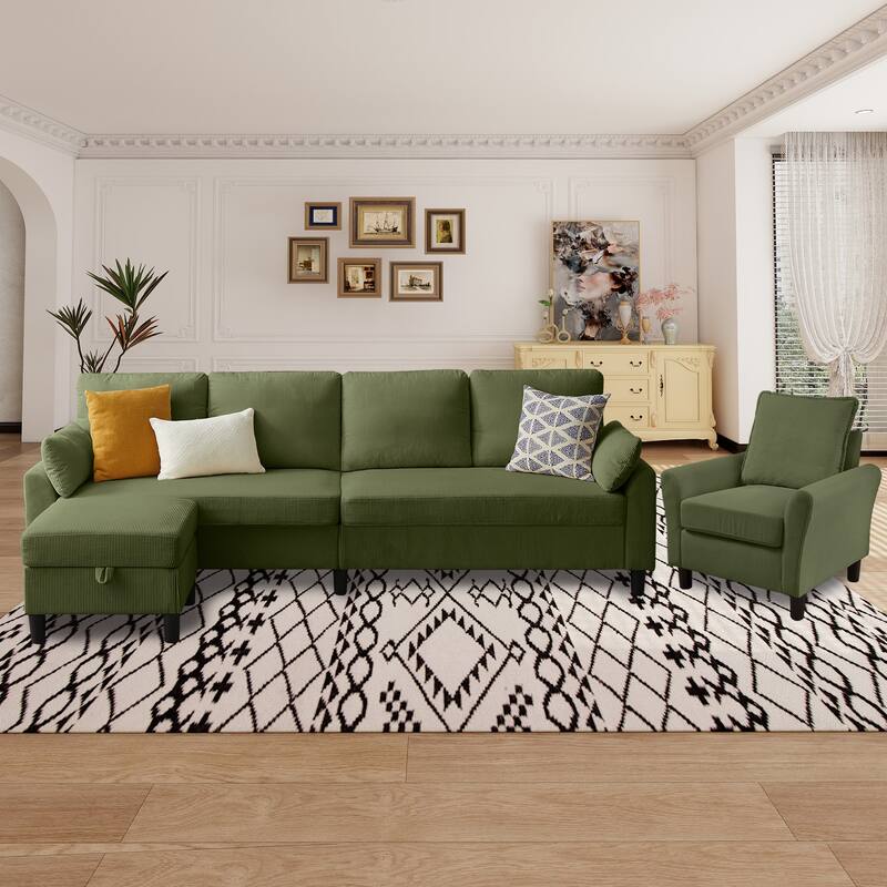 101"Corduroy 3 Piece Living Room Set Including 4 Seater Sofa ,Storage Ottoman and Chair - Green