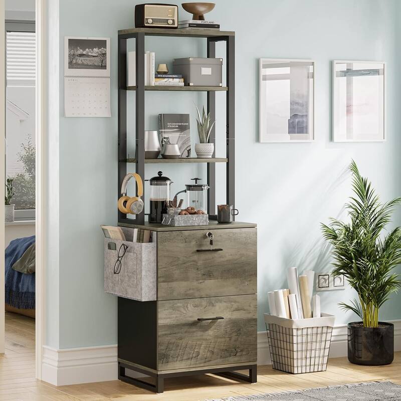 File Cabinet 2 Drawer Lock Filing Cabinet Printer Stand Bookshelves - Grey