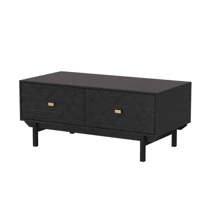 Black Embossed Storage Coffee Table w/Gold Handles Modern Living Room Centerpiece Sofa Table