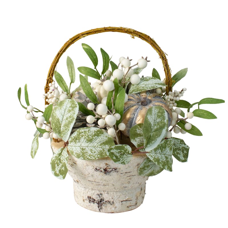 Gourds and Berries with Foliage in Fall Harvest Artificial Birch Basket - 13"