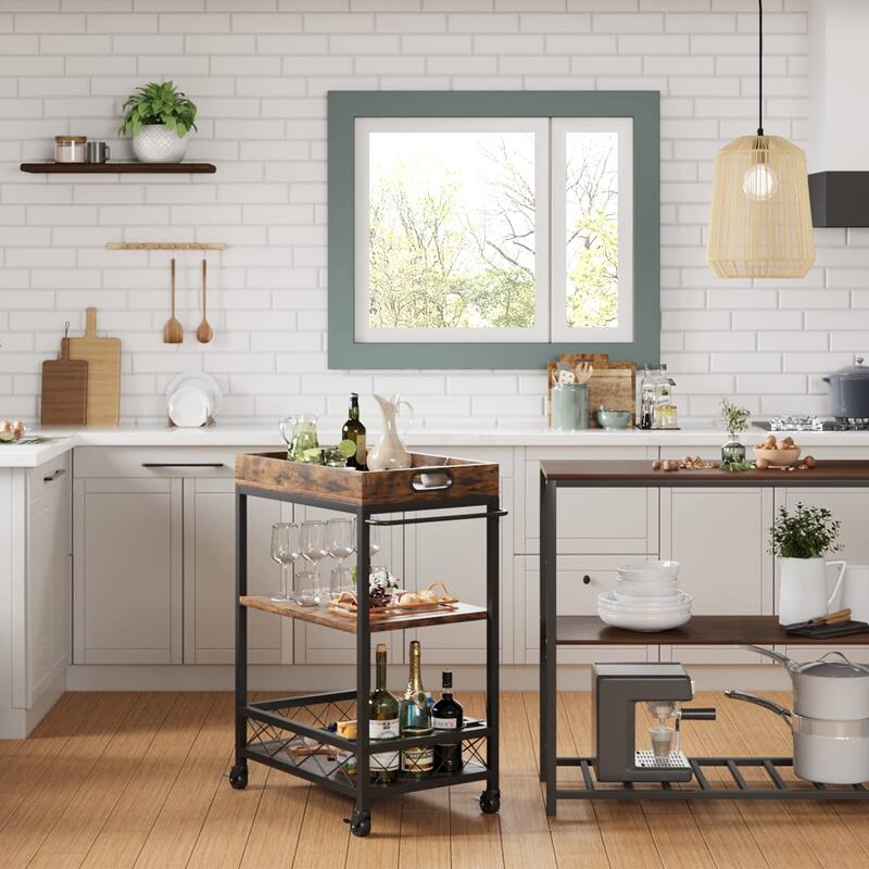 Farmhouse 3 Tier Bar Cart with Wheels and Portable Tray - 23.6"W x 15.7"D x 35.64"H