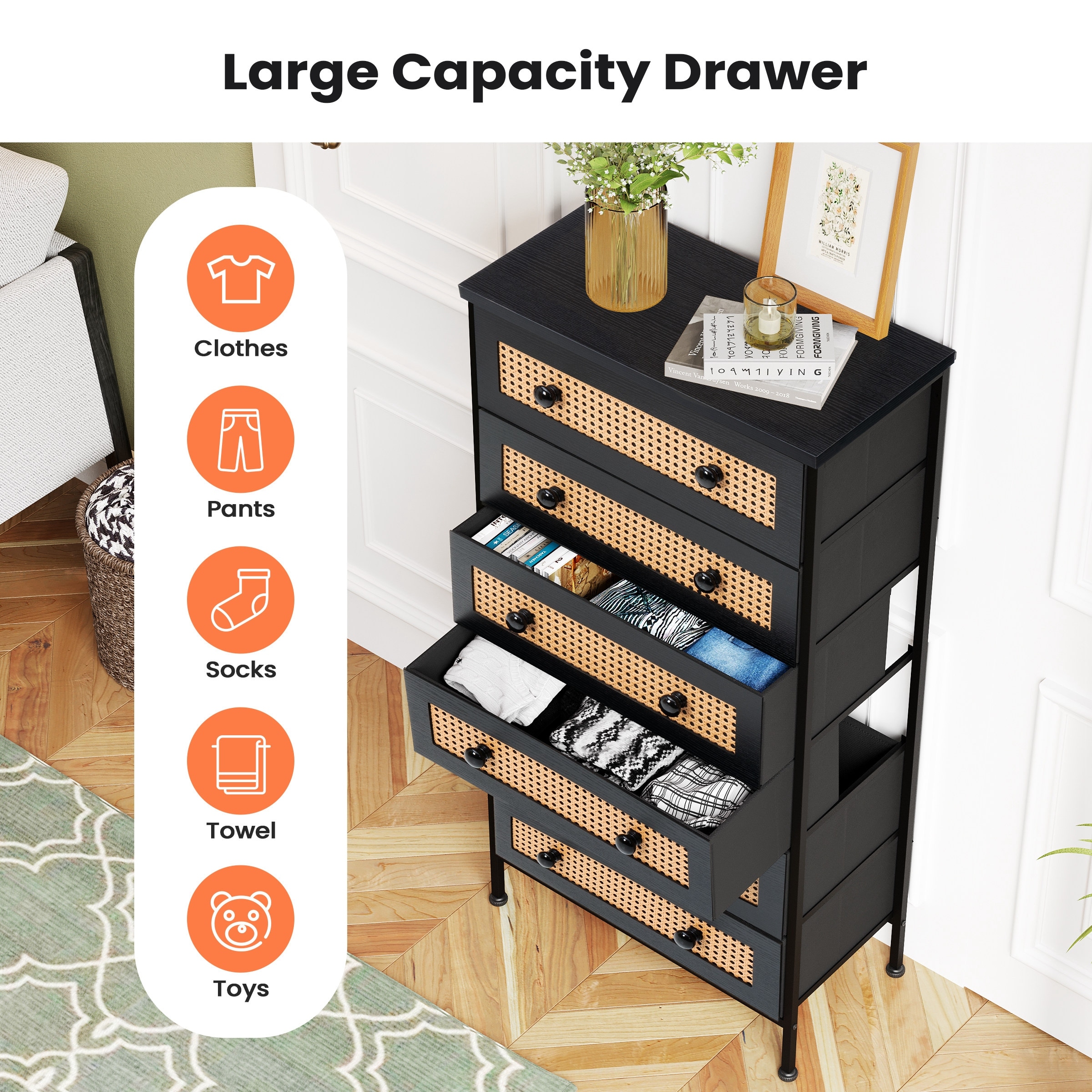 black wicker dresser YODOLLA 6-Drawer Wicker Dresser Rattan Storage with Natural Wood, Black