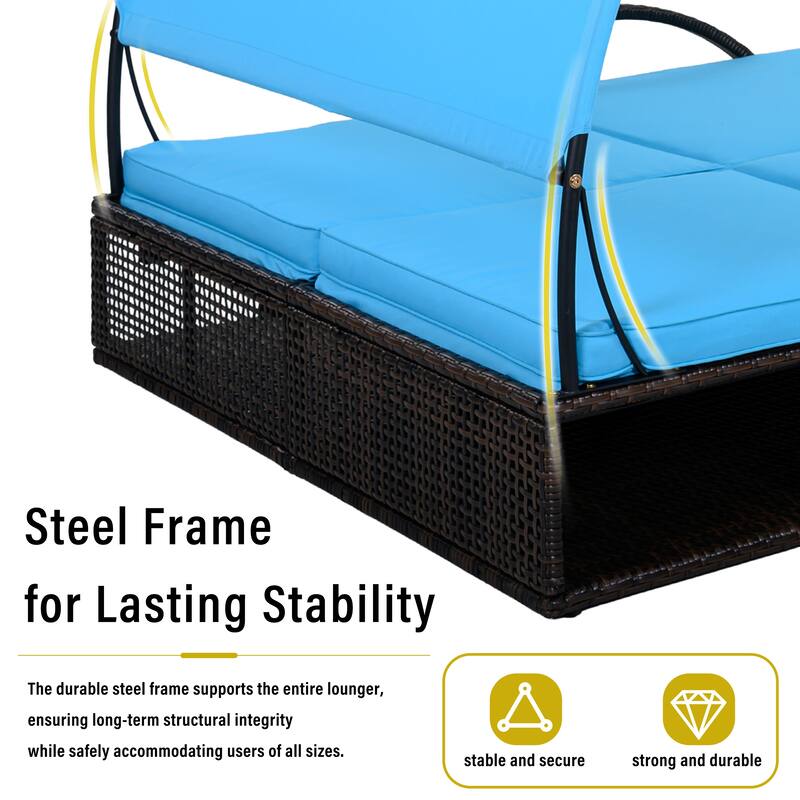 Outdoor Steel Frame Sun Lounger with Adjustable Backrest,Patio Double Sunbed with Hidden Side Table and Arched Armrests