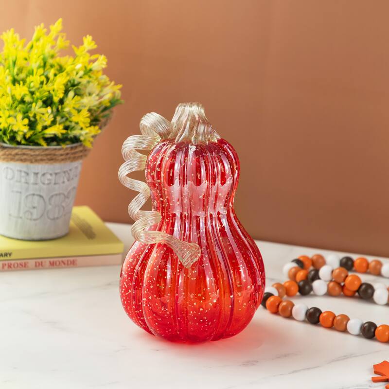 Glitzhome Set of 3 Fall Thanksgiving Red Glass Pumpkin & Gourd with Glitter Table Decor