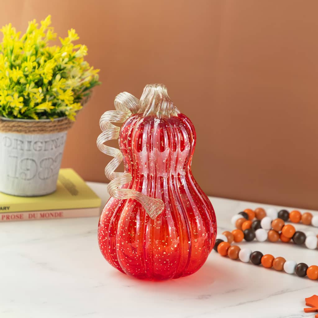 Glitzhome Set of 3 Fall Thanksgiving Red Glass Pumpkin & Gourd with Glitter Table Decor