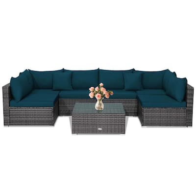 Gymax Set of 7 Rattan Furniture Set Sectional Sofa Cushioned Patio