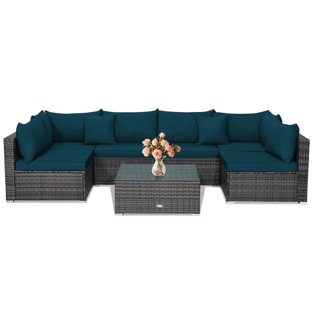 Gymax Set of 7 Rattan Furniture Set Sectional Sofa Cushioned Patio