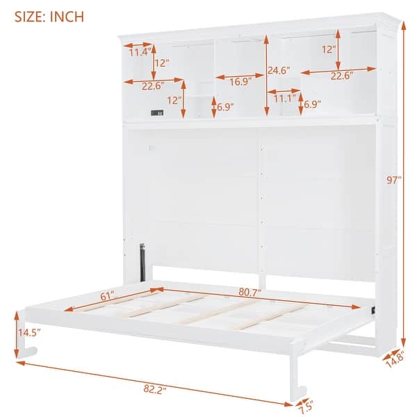 dimension image slide 2 of 3, Murphy Bed Wall Bed with Top Shelves & USB