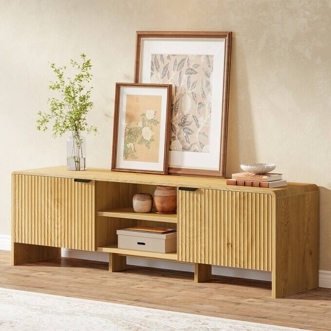 63" Modern TV Stand With Storage, Wooden Low Console Table